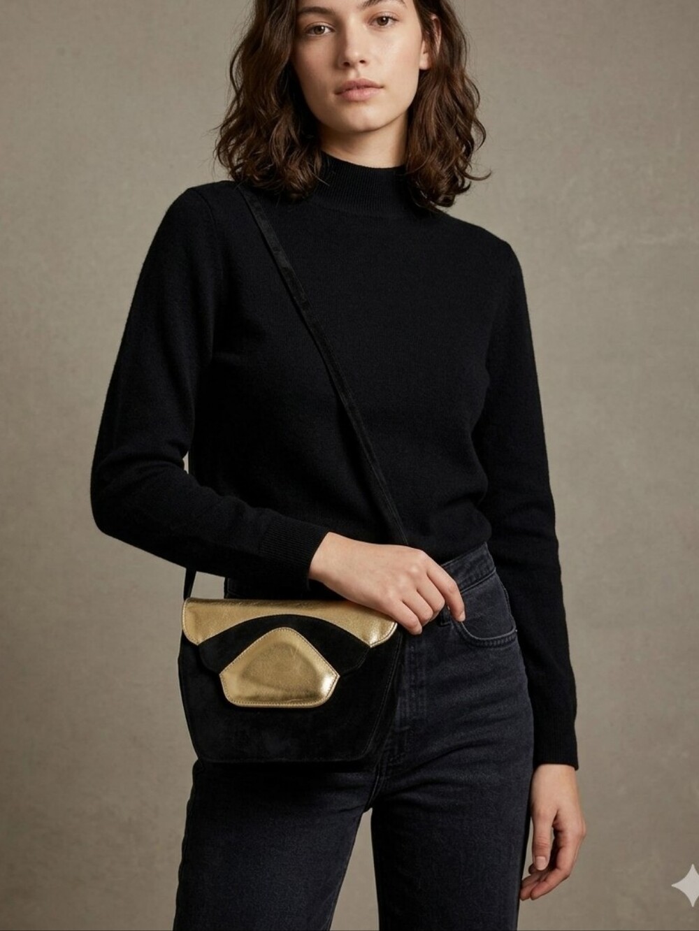 Vintage 80's Black Suede Shoulder Crossbody Clutch Bag Gold Details